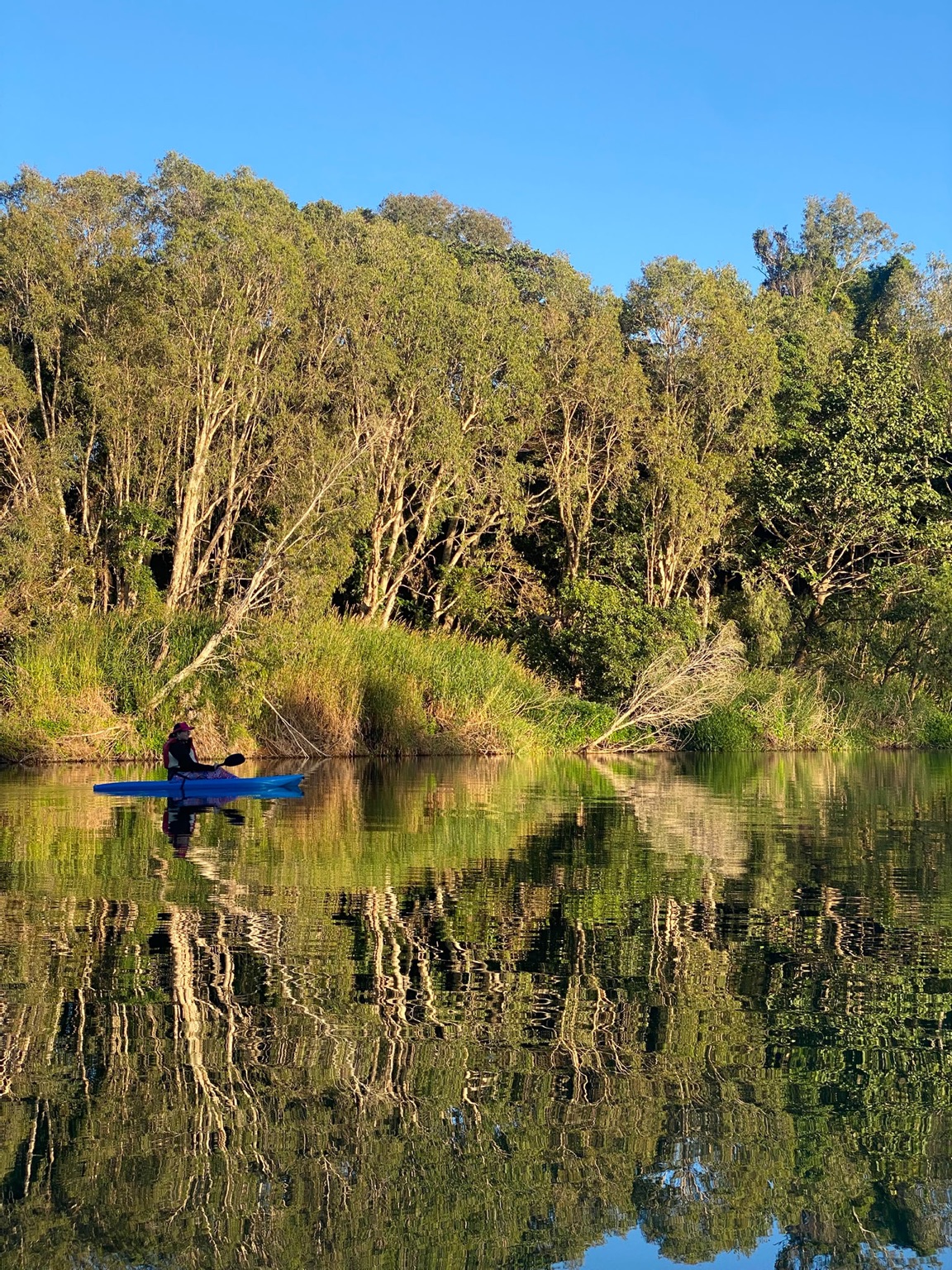 A paddler reflected in the calm Pioneer River