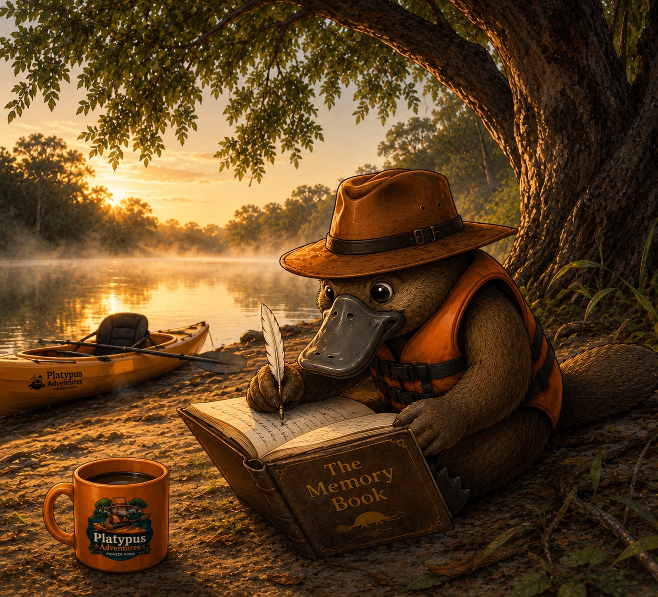 Paddy writing in the Platypus Adventures Memory Book beside the Pioneer River at sunrise